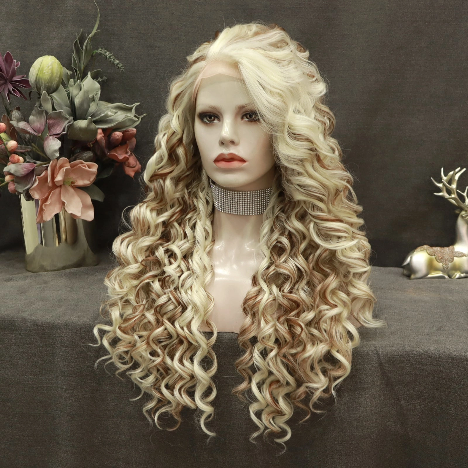 Blonde Highlights Kinky Curly Lace Front Synthetic Wigs