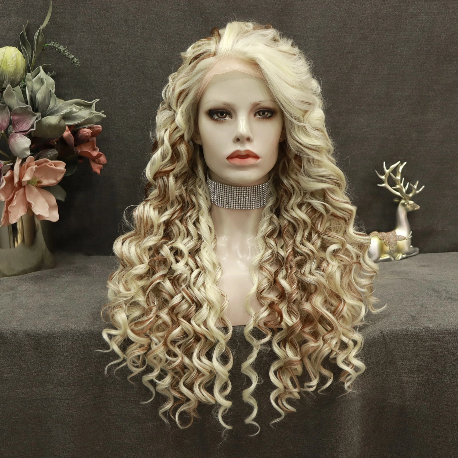 Blonde Highlights Kinky Curly Lace Front Synthetic Wigs