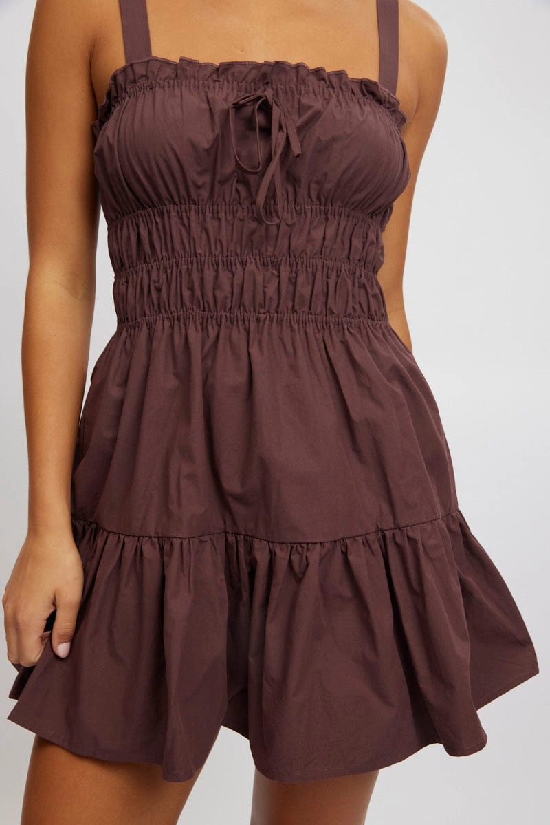 Brown Fit And Flare Dress Mini Poplin