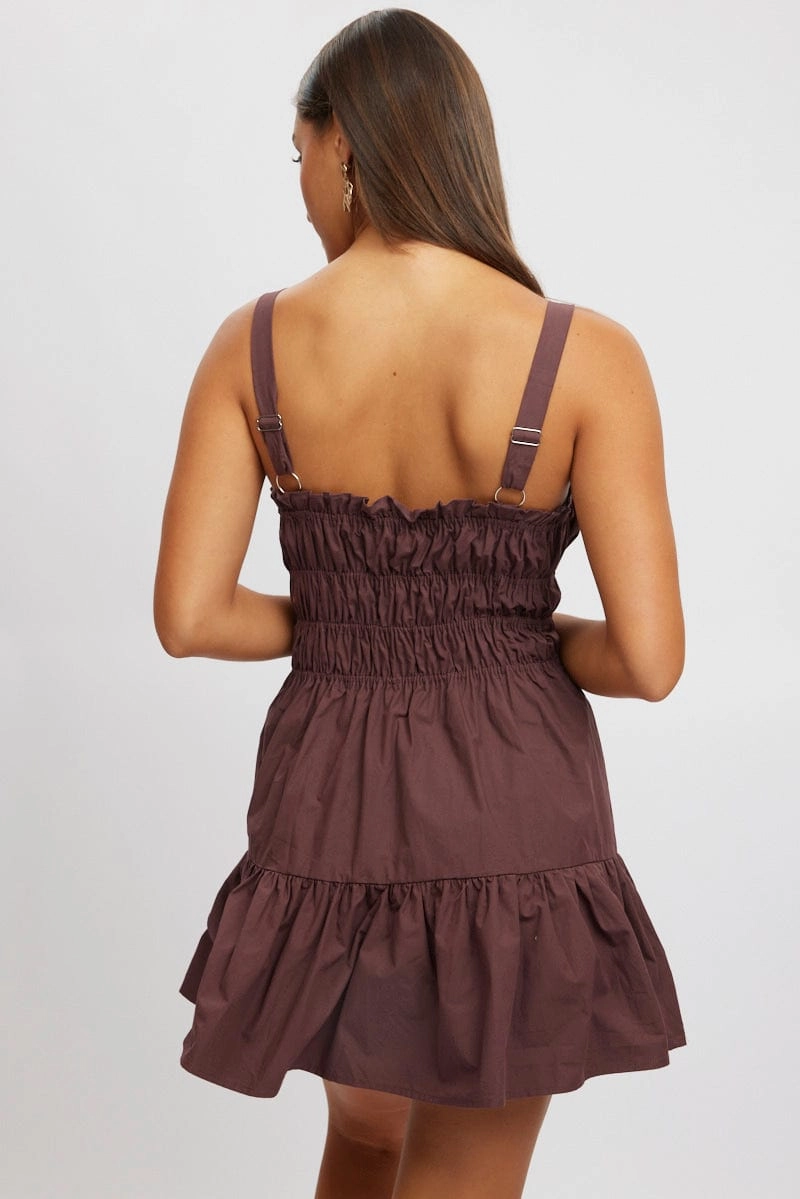 Brown Fit And Flare Dress Mini Poplin