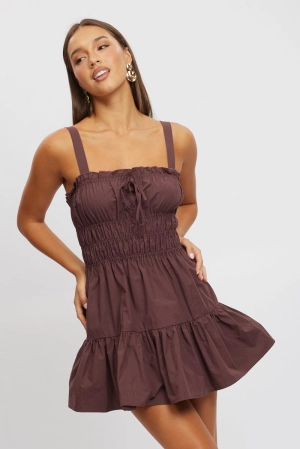 Brown Fit And Flare Dress Mini Poplin