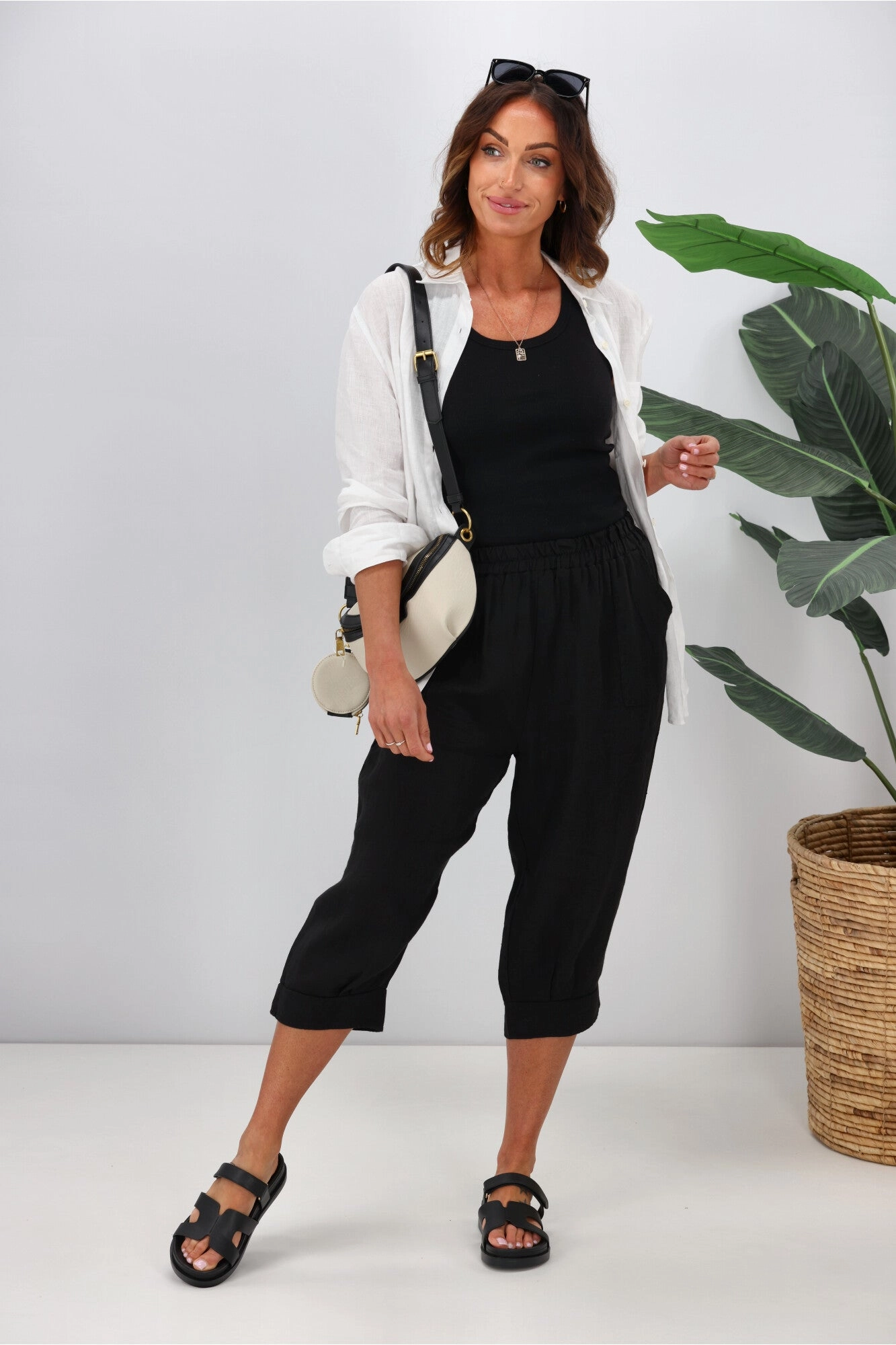 Cali & Co Linen Pant 3/4 Length Black