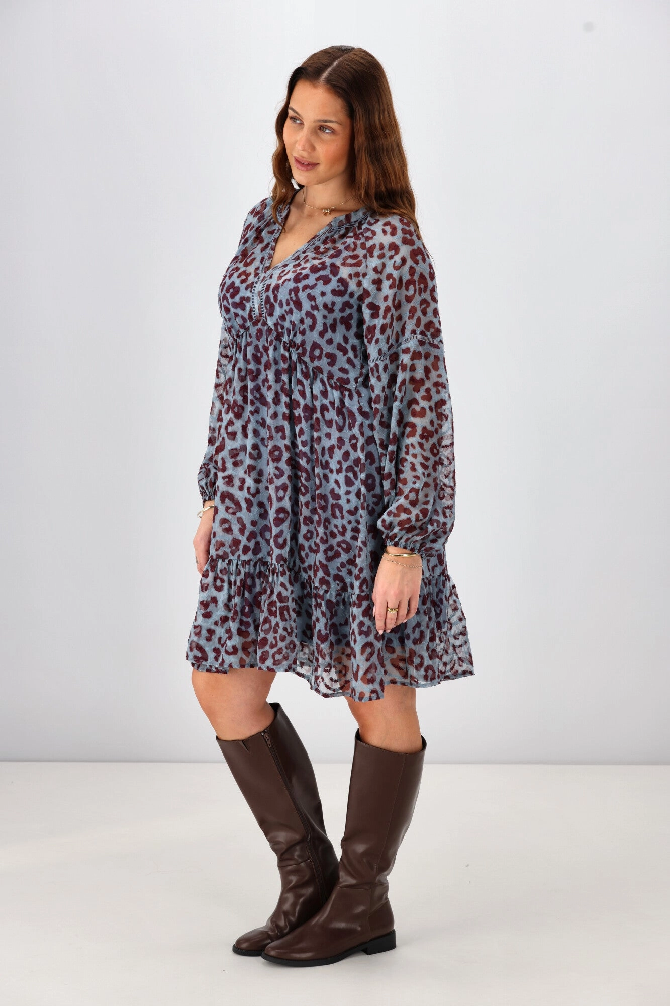 Gloss The Label Anais Empire Line Dress Blue Animal Print