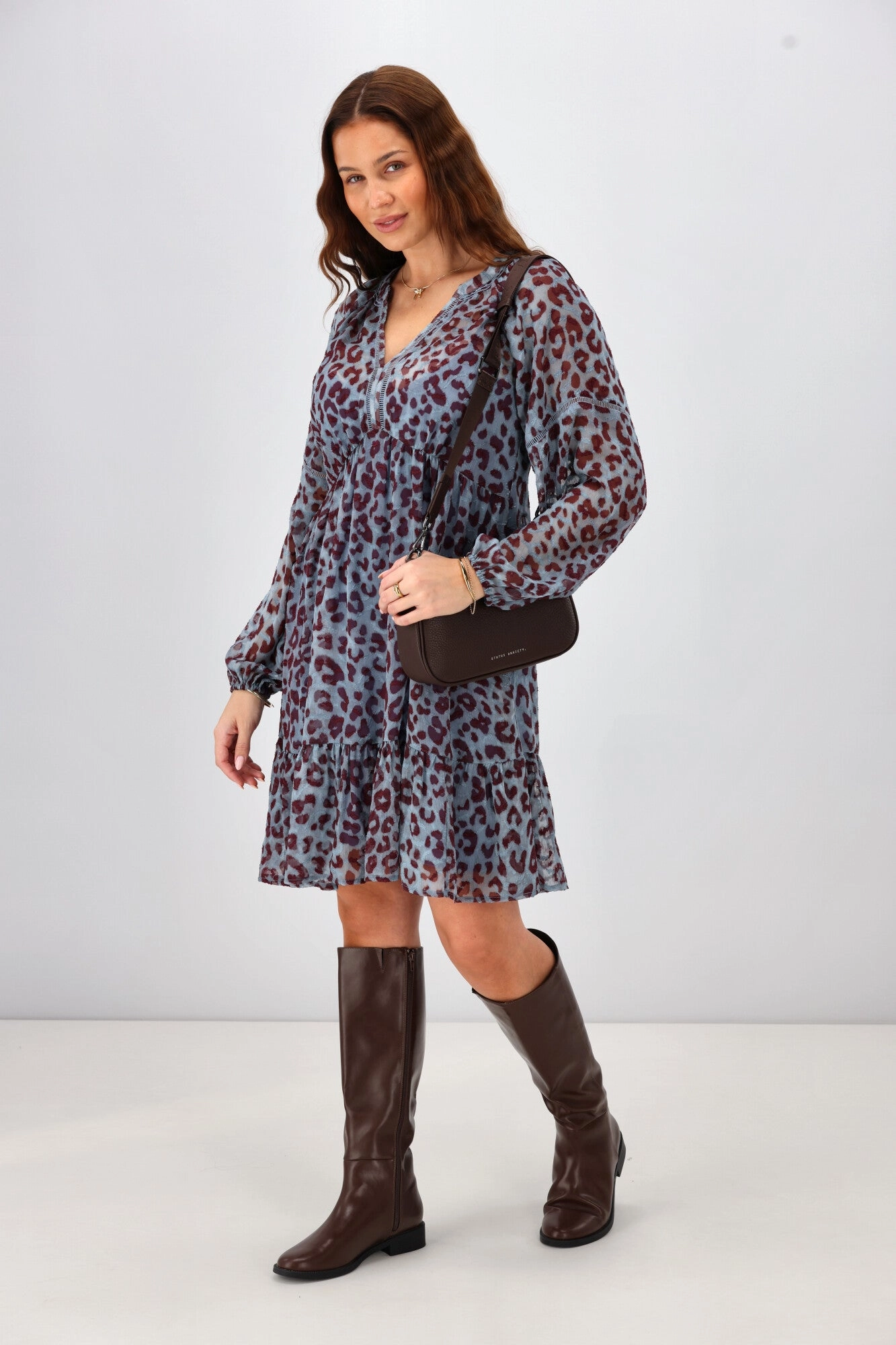 Gloss The Label Anais Empire Line Dress Blue Animal Print