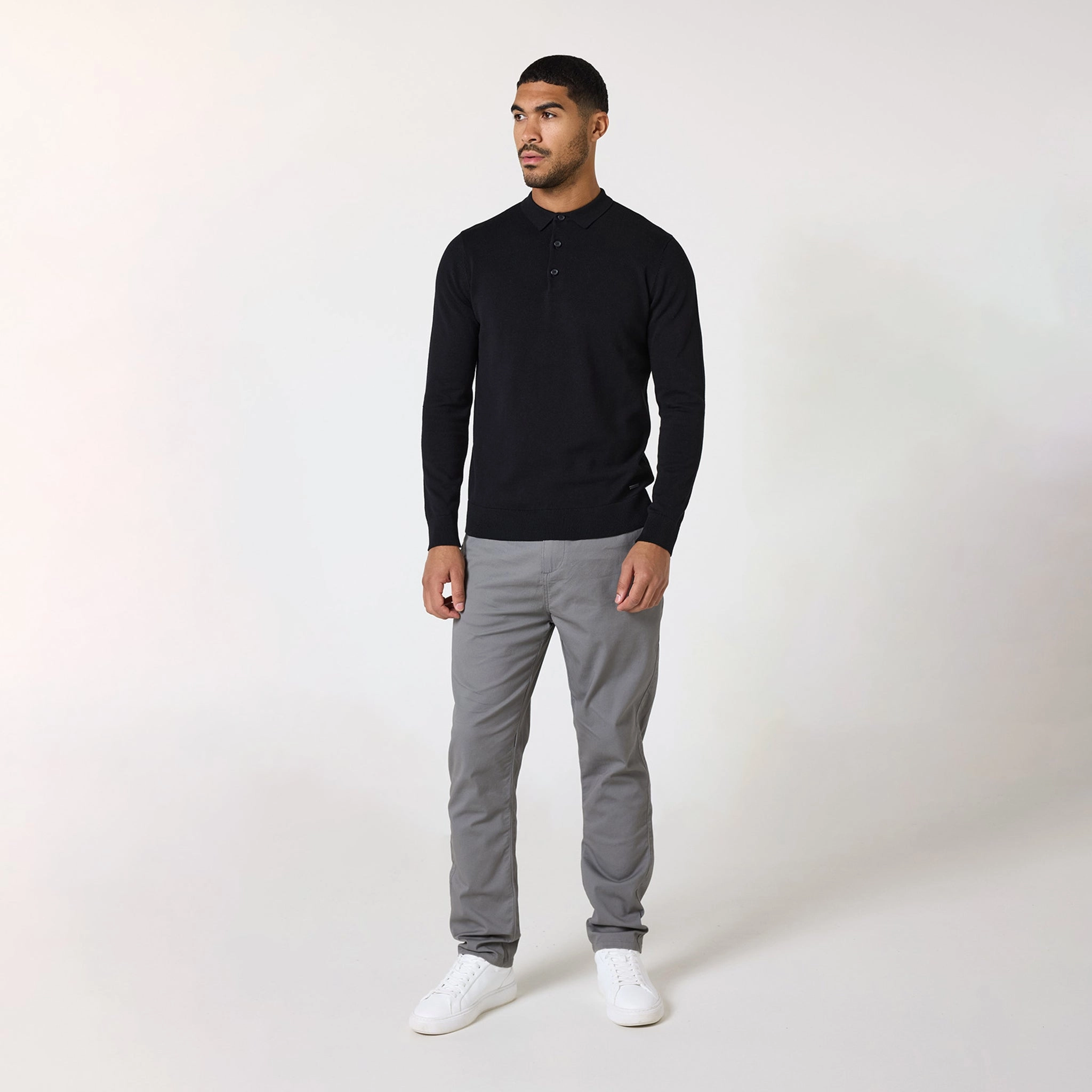Long Sleeve Knitted Polo | Black