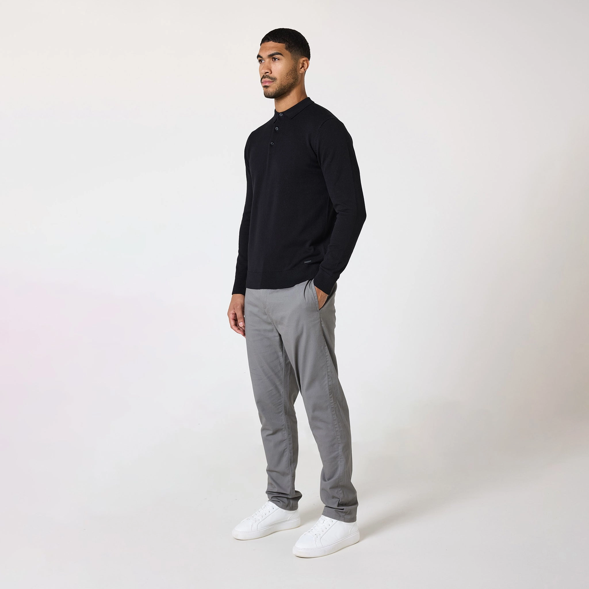 Long Sleeve Knitted Polo | Black