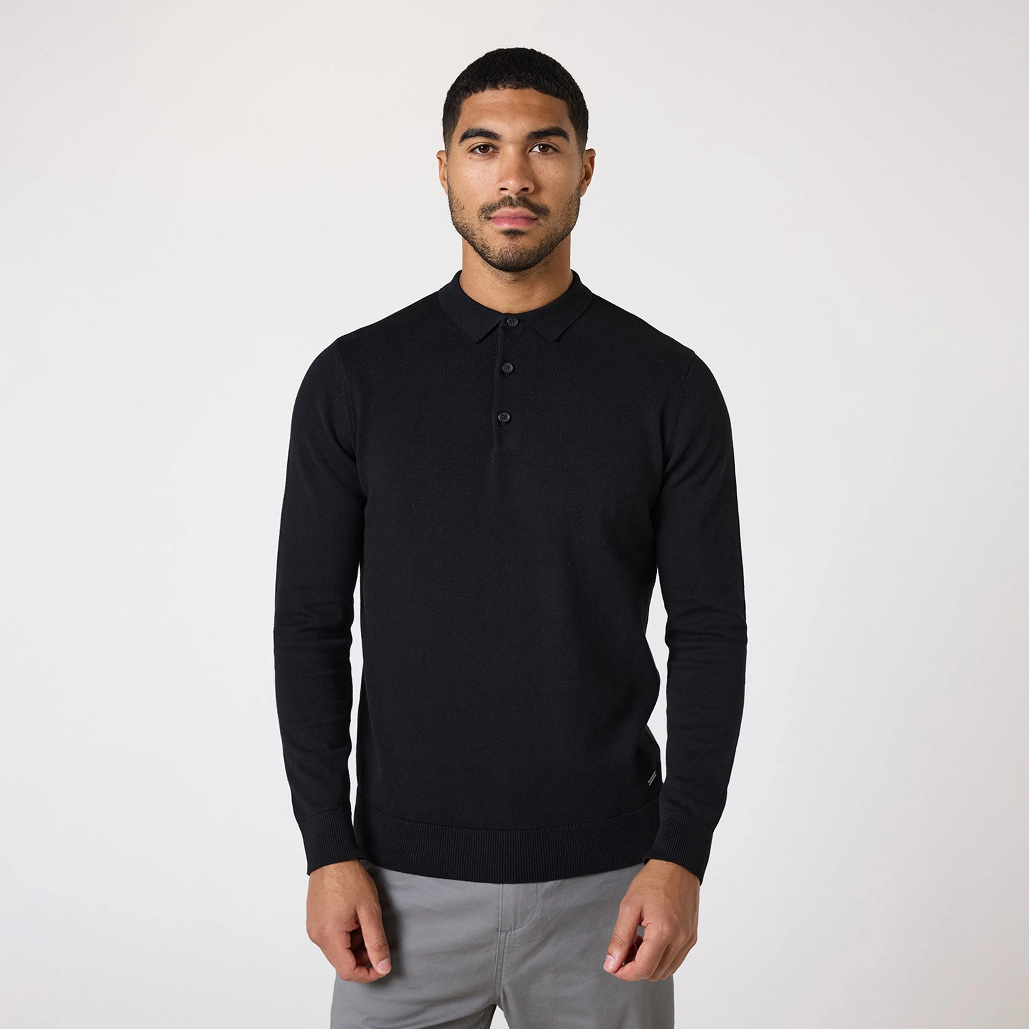 Long Sleeve Knitted Polo | Black