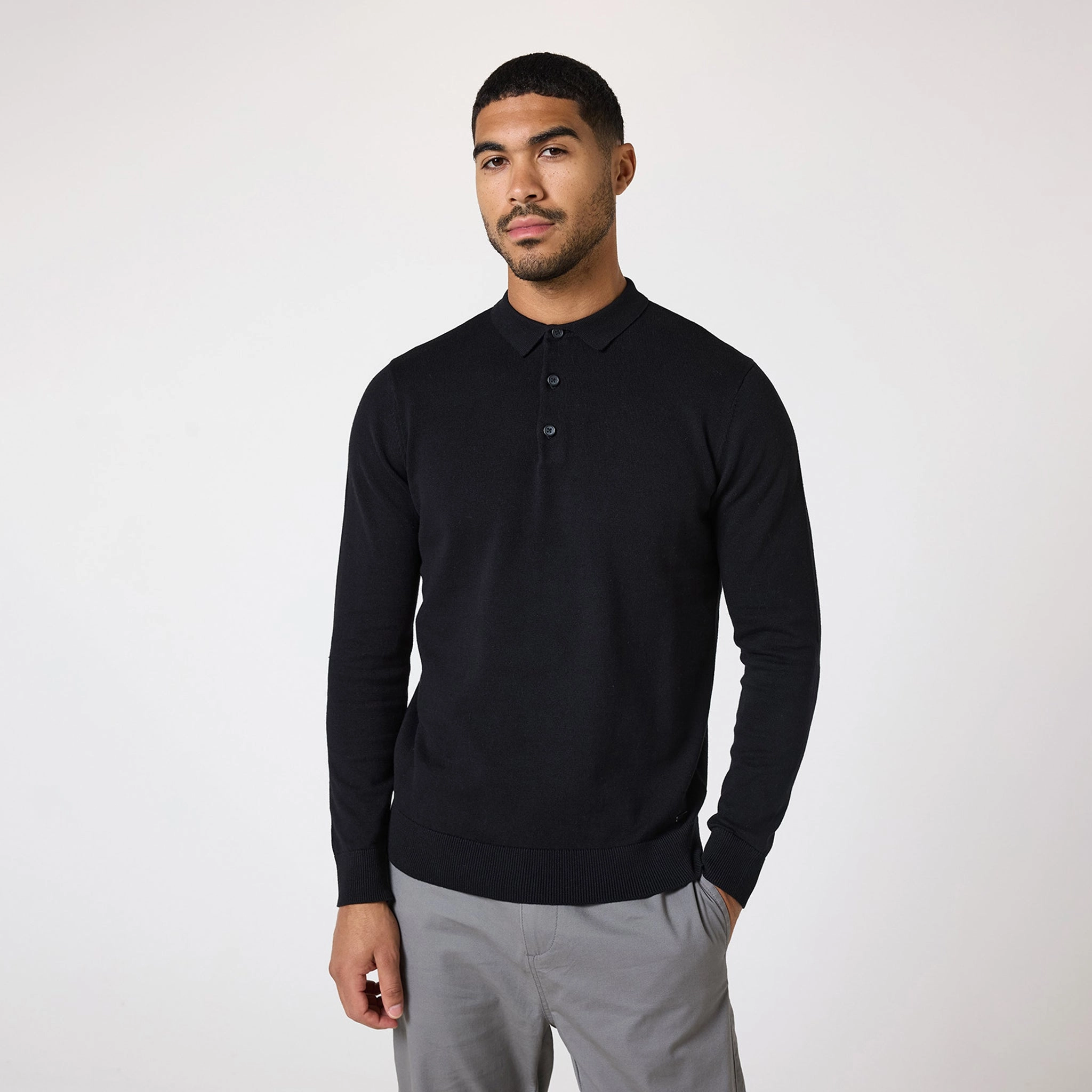 Long Sleeve Knitted Polo | Black