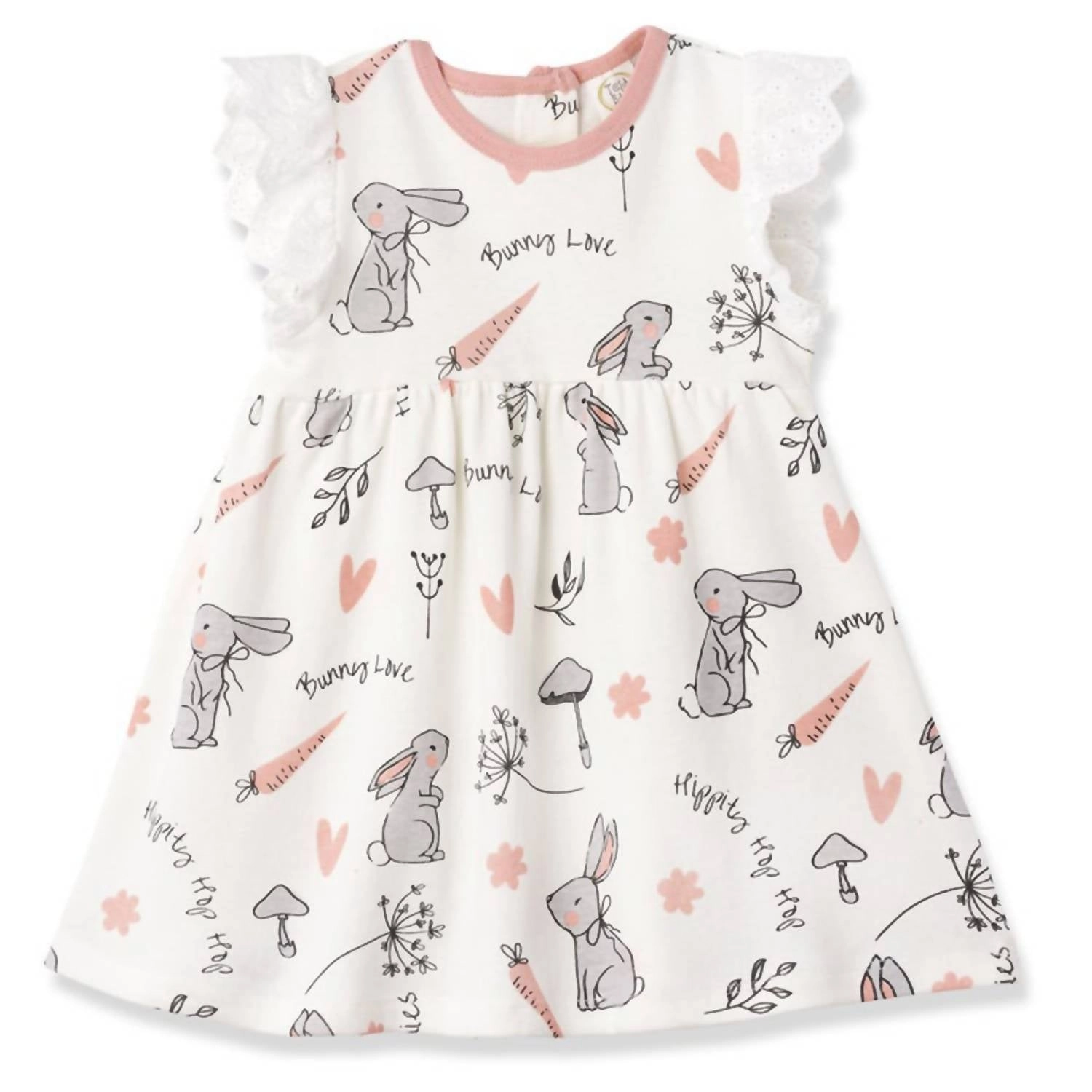 "happy Bunnies" Dress For Baby Girls In White/coral/grey