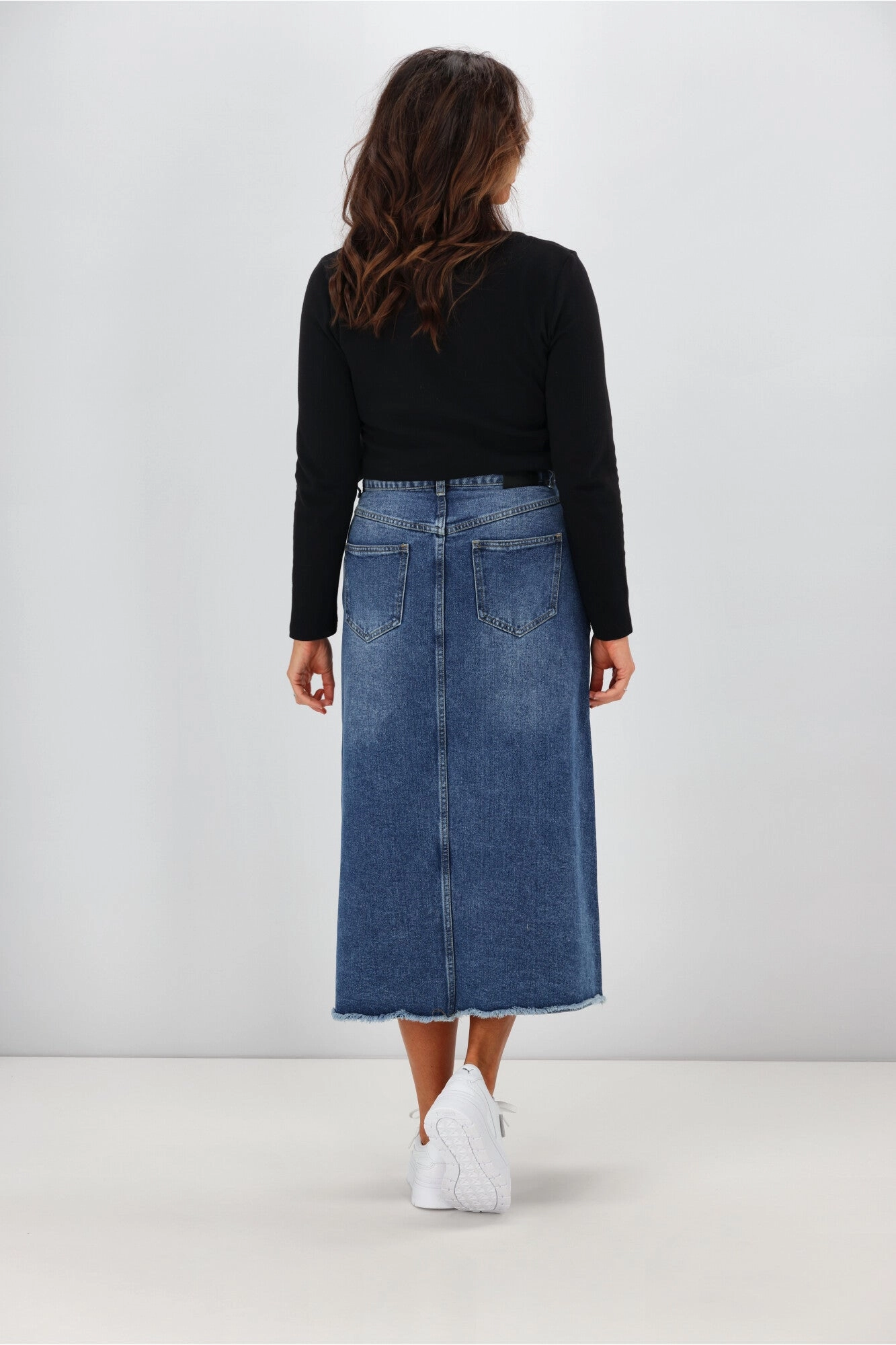 Shine On Label Lawson Angle Yoke Long Denim Skirt Indigo