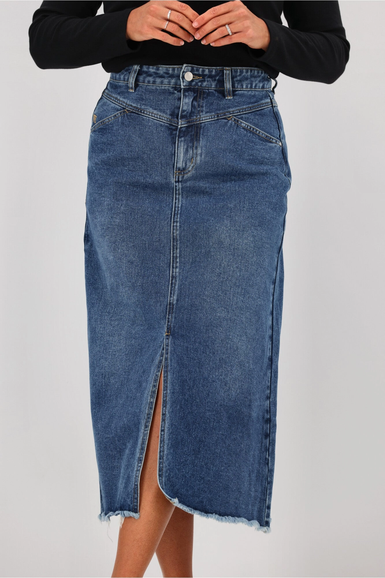 Shine On Label Lawson Angle Yoke Long Denim Skirt Indigo