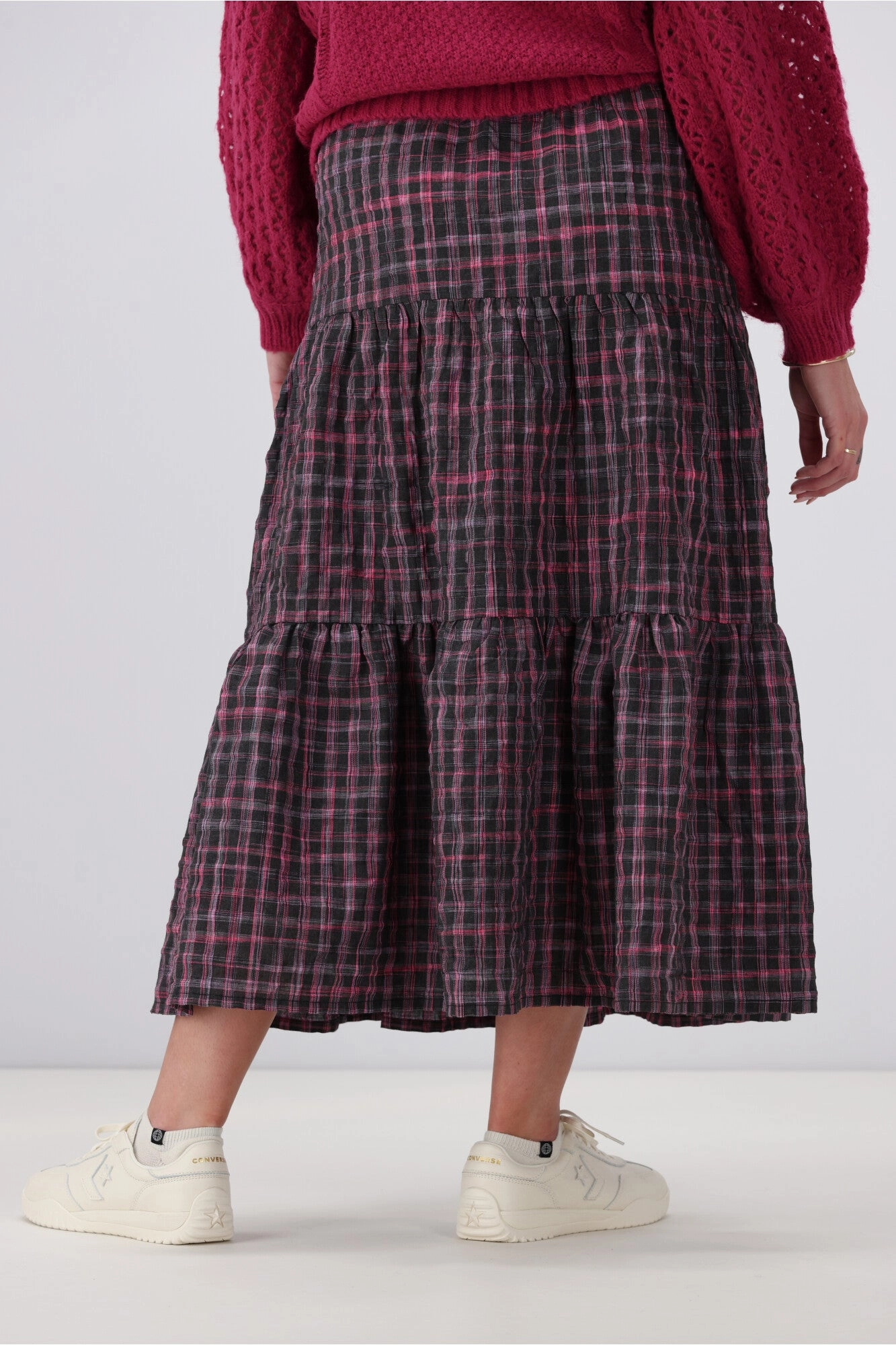 Shine On Label Roxie Tiered Maxi Skirt Black Pink Check