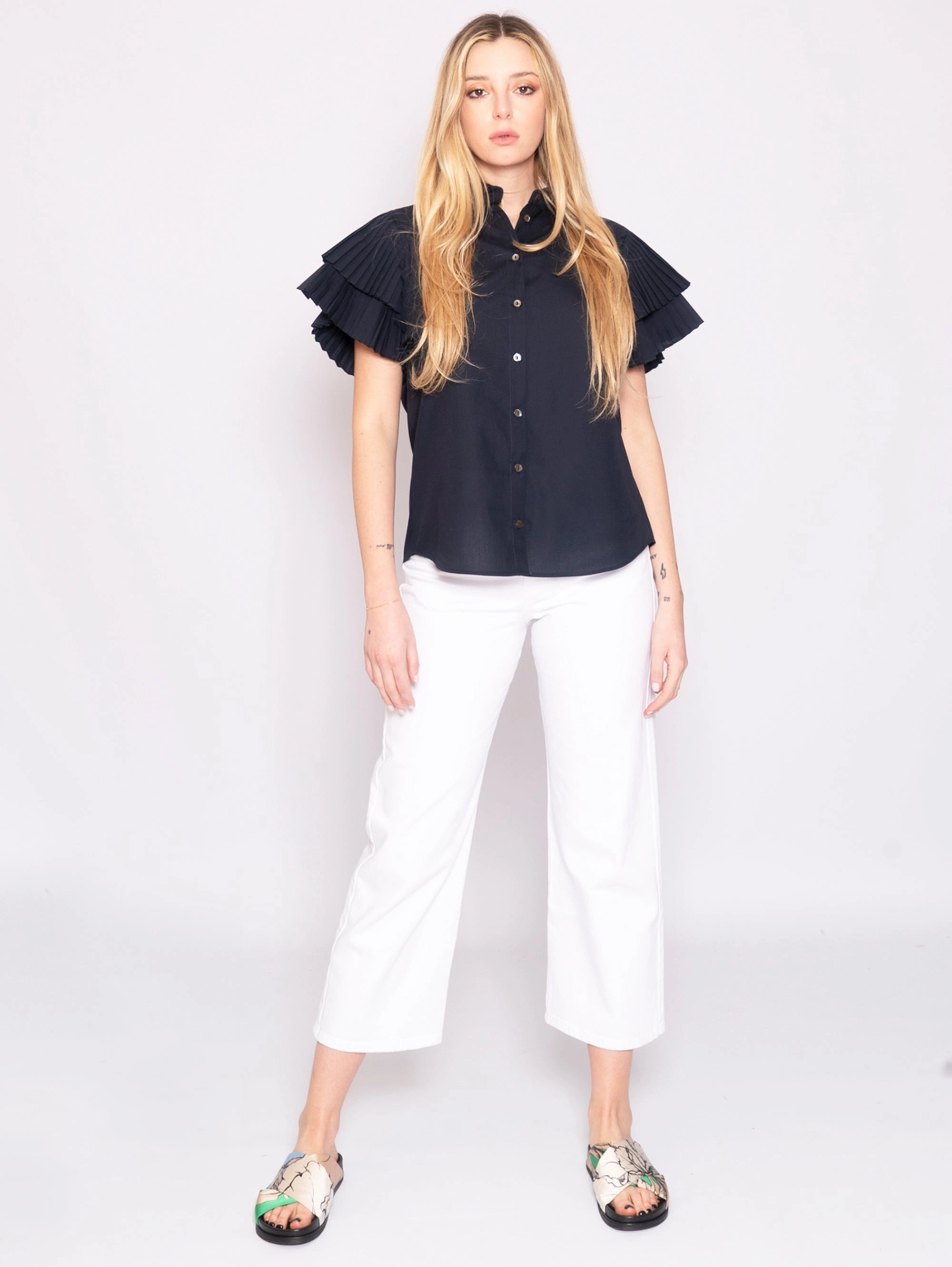 Shirt with Blue Pleated Sleeves